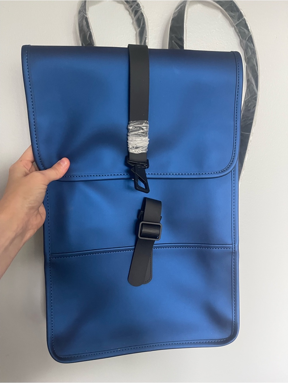 RAINS Blue Gloss Backpack with Black Strap